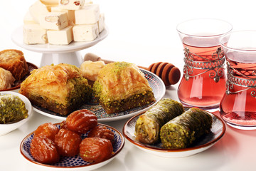 Middle eastern or arabic dishes. Turkish Dessert Baklava with pistachio