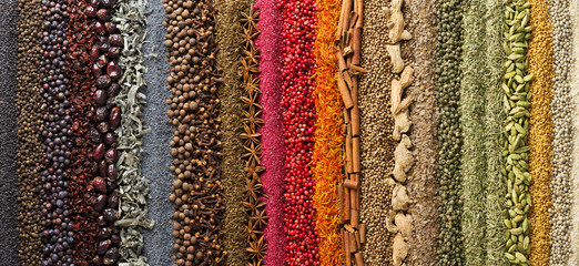 spices and herbs panoramic background. various seasonings are scattered on table.  flavoring for design of website header or food packaging.
