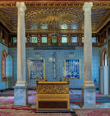 Interior of public mosque of Manial Palace of Prince Mohammed Ali Tewfik with wooden golden ornate...