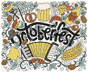 Greeting lettering postcard with raditional bavarian pattern symbols. Octoberfest lettering vector card with doodle elements.
