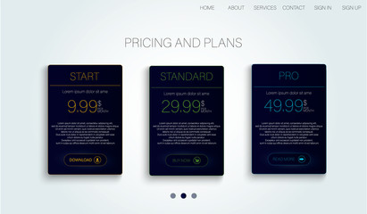 Abstract flyer design with tariffs page. Price, table, chart. Technology background. 