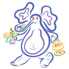 Cheerful dancing thick elephant with a gift and a bouquet of flowers