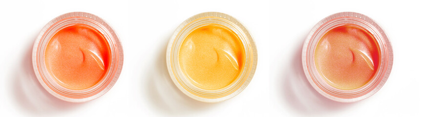 Creamy make up products - top view of decorative cosmetic containers isolated on white backgroiunds