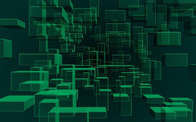 Green and dark abstract digital and technology background. The pattern with repeating rectangles. 3D illustration