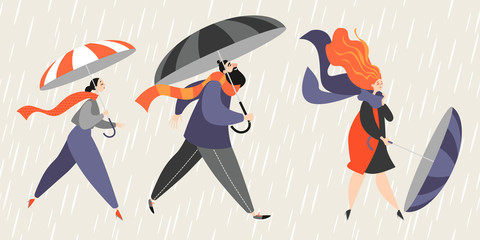 People with umbrellas are walking in the rain. Vector illustration in cartoon style