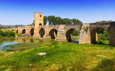 Fototapeta na wymiar View of old stone bridge over Ebro. Frias, Burgos