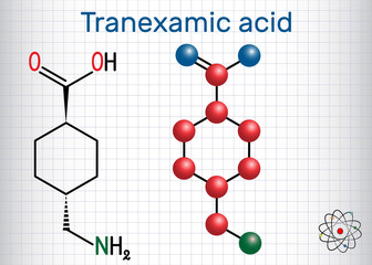 Tranexamic acid (TXA) drug molecule, is used for preventing excessive bleeding. Structural chemical formula and molecule model. Sheet of paper in a cage