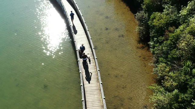 Aerial shot following two people walking their dogs on a boardwalk above the water