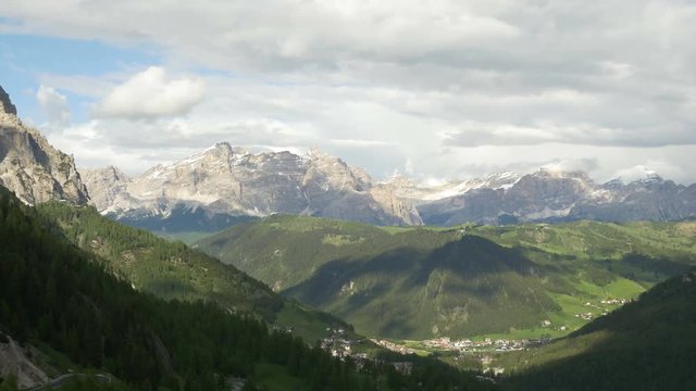 Panning view of Alta Badia, with small portion of Corvara, Northern Italy, visible.