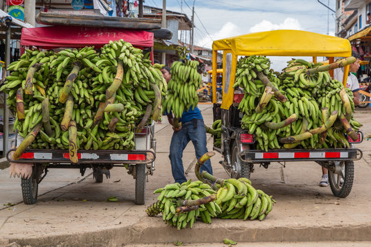 Bananas Loaded Onto Motorcycle carts in the Market City of Mazan, Peru