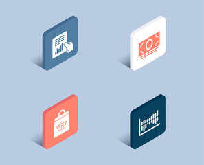 Set of Online buying, Document and Cash money icons. Column diagram sign. Shopping cart, File with diagram, Banking currency. Sale statistics.  3d isometric buttons. Flat design concept. Vector