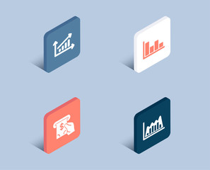Set of Chart, Histogram and Atm service icons. Infographic graph sign. Presentation chart, Economic trend, Cash investment. Line diagram.  3d isometric buttons. Flat design concept. Vector