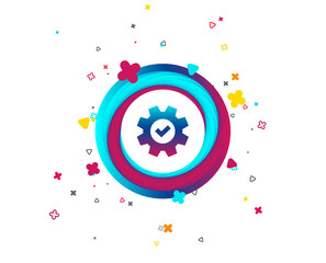 Service icon. Cogwheel with tick sign. Check symbol. Colorful button with icon. Geometric elements. Vector