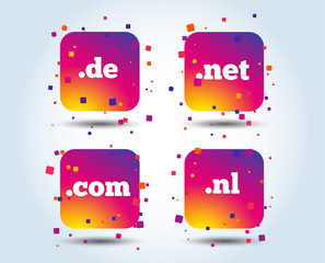 Top-level internet domain icons. De, Com, Net and Nl symbols. Unique national DNS names. Colour gradient square buttons. Flat design concept. Vector