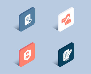 Set of Person talk, Certificate and Security agency icons. Feather signature sign. Communication message, Diploma, People protection. Feedback.  3d isometric buttons. Flat design concept. Vector
