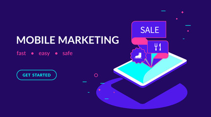 Mobile marketing, offer personalizing and promotion. Flat vector neon website template and landing page design of isomenric digital tablet with marketing tags on the screen