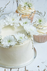 Fototapeta na wymiar White cake and cupcakes