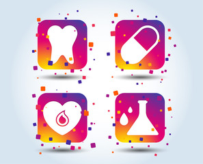 Maternity icons. Pill, tooth, chemistry and heart signs. Blood donation symbol. Lab bulb with drops. Dental care. Colour gradient square buttons. Flat design concept. Vector