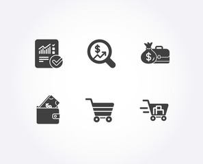 Set of Currency audit, Checked calculation and Salary icons. Wallet, Market sale and Shopping cart signs. Money chart, Statistical data, Diplomat with money bag. Vector