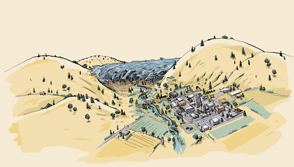 A cartoon landscape showing flood waters surging through a valley towards a small town.