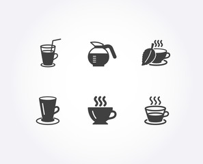 Set of Mint tea, Cocktail and Coffee icons. Teacup, Coffeepot and Coffee cup signs. Mentha beverage, Fresh beverage, Cappuccino. Tea or latte.  Quality design elements. Classic style. Vector