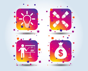 Presentation billboard icon. Dollar cash money and lamp idea signs. Man standing with pointer. Teamwork symbol. Colour gradient square buttons. Flat design concept. Vector