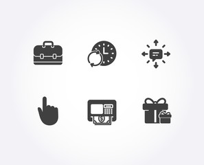 Set of Portfolio, Hand click and Atm icons. Sms, Update time and Surprise package signs. Business case, Location pointer, Money withdraw. Conversation, Refresh clock, Present boxes. Vector