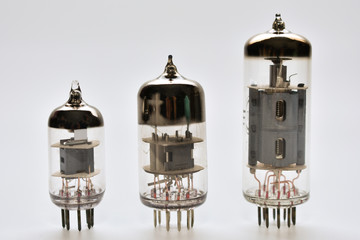 different sizes of vacuum glass lamps used in electronic amplifying technology for audio and video.