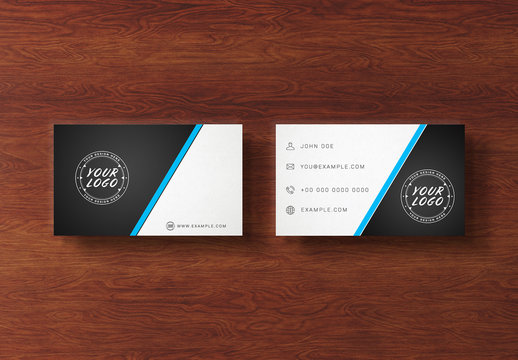 2 Business Cards Isolated on Wooden Desk Mockup 