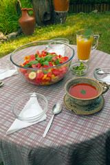Fruit dessert and juices given in the garden.