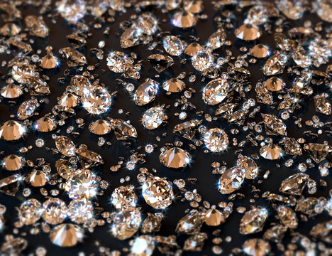 A lot of diamonds on a glossy reflective plane