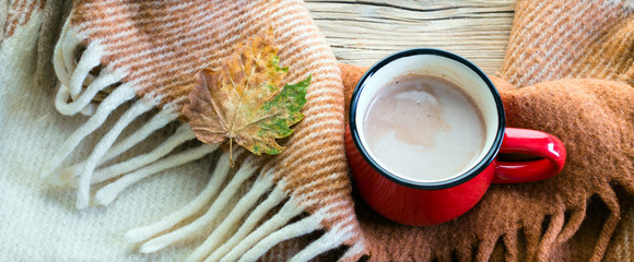cocoa, red mug, plaid and fallen leaf, autumn mourning, hot chocolate, long banner