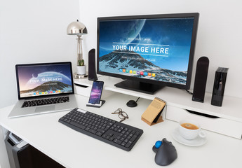 Computer, Devices, and Notebook on White Desk Mockup