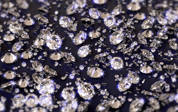 A lot of diamonds on a glossy reflective plane with blue tint, with depth of field
