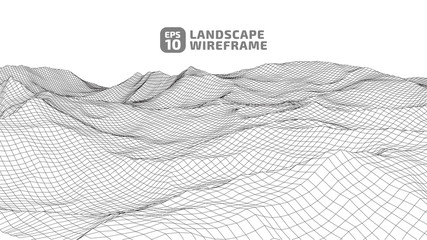Abstract wireframe background. 3D grid technology illustration landscape. Digital Terrain Cyberspace in the Mountains with valleys. Data Array.