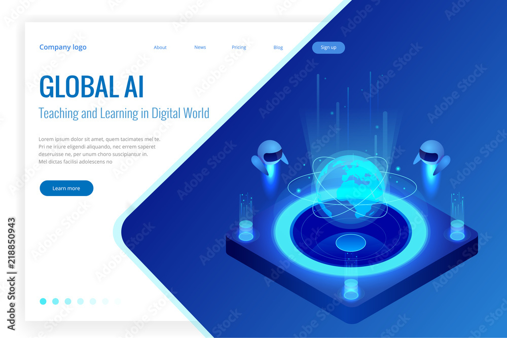 Poster isometric artificial intelligence concept. technology and engineering. teaching and learning in digi