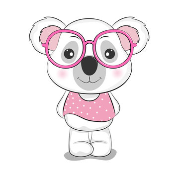 Cute cartoon koala in pink glasses. Greeting card.