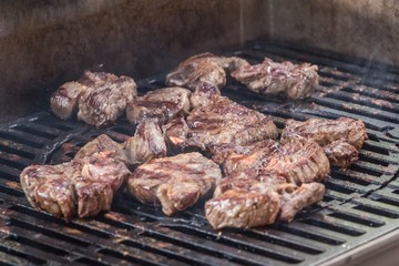 Grillparty Grillen mit Barbecue Grill Fleisch Steaks im Sommer. Leckere Filets aus Schweinefleisch, Rindfleisch, Putenfleisch, oder Hähnchenfleisch auf Holzkohlegrill oder Gasgrill. Rauchig und zart