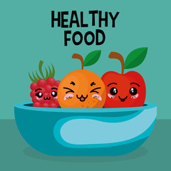 fresh fruits in bowl kawaii characters