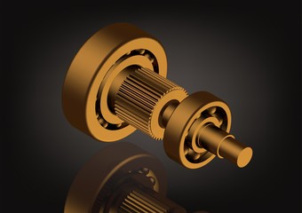 Gold cogwheel and bearing on a black