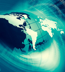 World map on a technological background, glowing lines symbols of the Internet, radio, television, mobile and satellite communications.