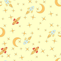 Space background. Space elements seamless pattern. Space Doodle illustration. Vector illustration. Kids seamless pattern with cartoon space rockets, moon, stars.