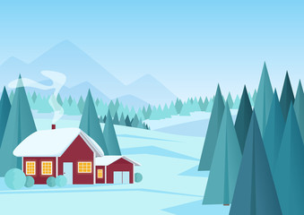 Christmas winter landscape with small red house in pine forest vector illustration. Cartoon winter landscape.