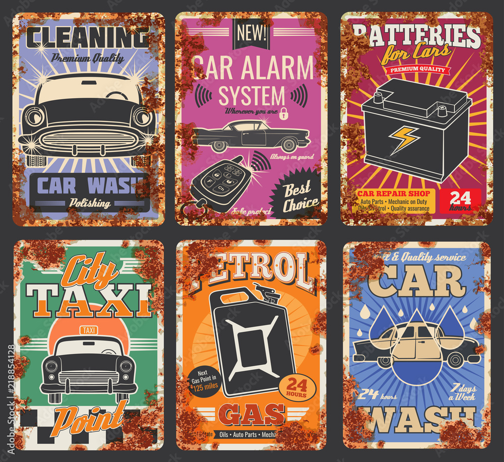 Wall mural Car service and auto wash posters with rust