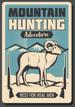 Mountain sheep hunting season retro poster
