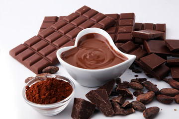 Melting chocolate or melted chocolate and chocolate swirl. stack and powder.