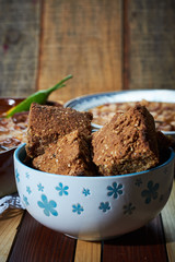 Spelta bread in bowl with Beans with smoked pork