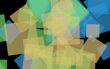 Multicolored translucent squares on dark background. Green tones. 3D illustration