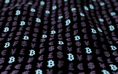 Bitcoin and currency on a dark background. Digital Cryptocurrency symbol. Wave effect, currency market fluctuations. Business concept. 3D illustration. Bit, Coin, mining concept