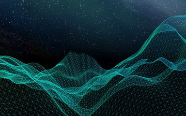 Abstract landscape on a dark background. Cyberspace grid. Hi-tech network. Outer space. Starry outer space texture. 3D illustration